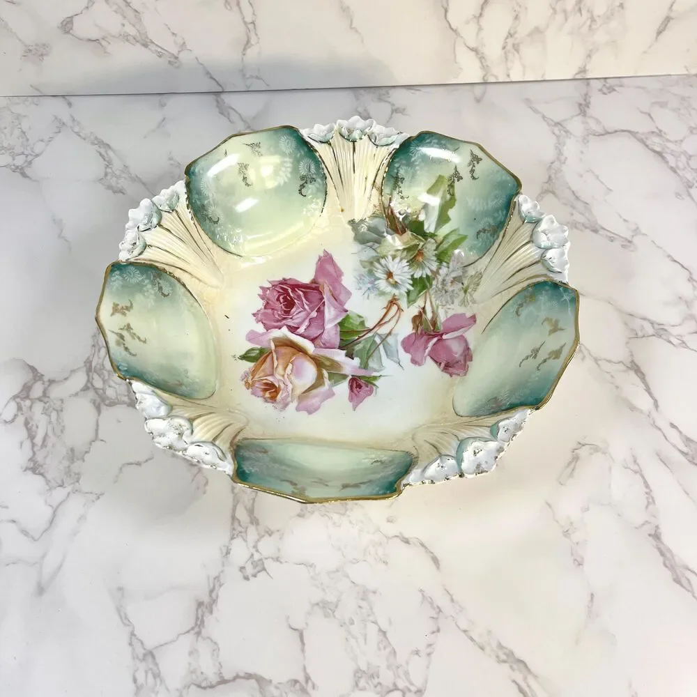 Antique R.S. Prussia Serving Bowl Roses Teal Panels Gold Gilt RED MARK (c. 1900)